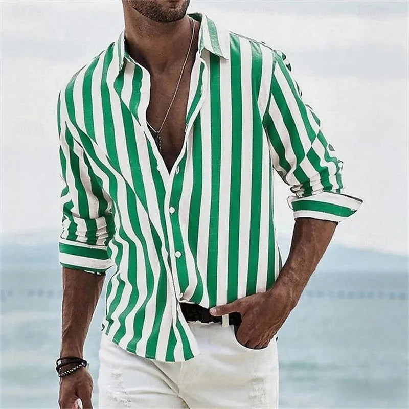 Men's long-sleeved blue striped 3D printed shirt