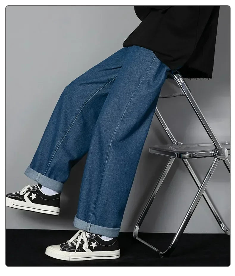 Male Comfort Korean Style Solid Color Loose Straight Wide Leg Casual Denim Long Pants