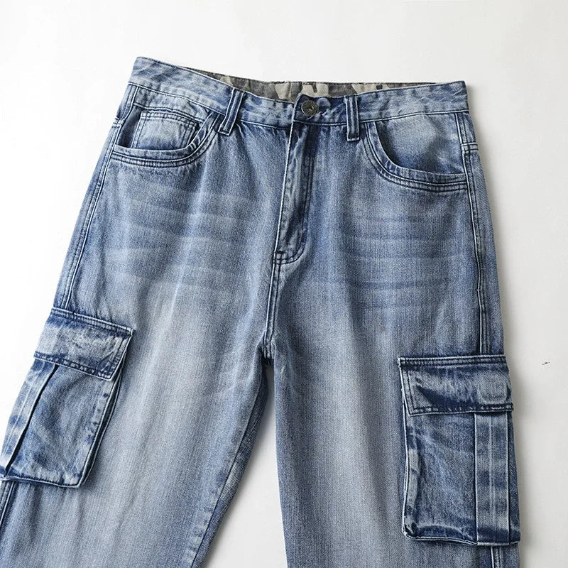 Men Denim Pants Straight Pocket Baggy Casual Streetwear Hip Hop Brand Blue Wide Leg Cargo Trousers