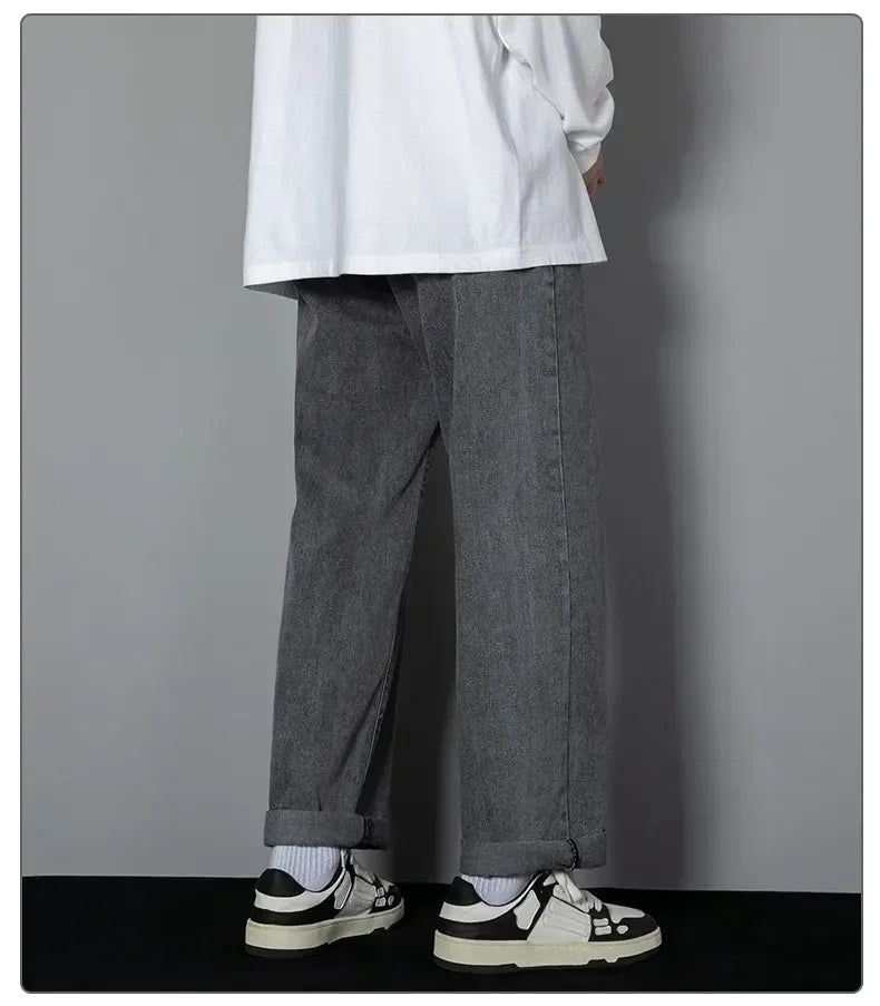 Male Comfort Korean Style Solid Color Loose Straight Wide Leg Casual Denim Long Pants