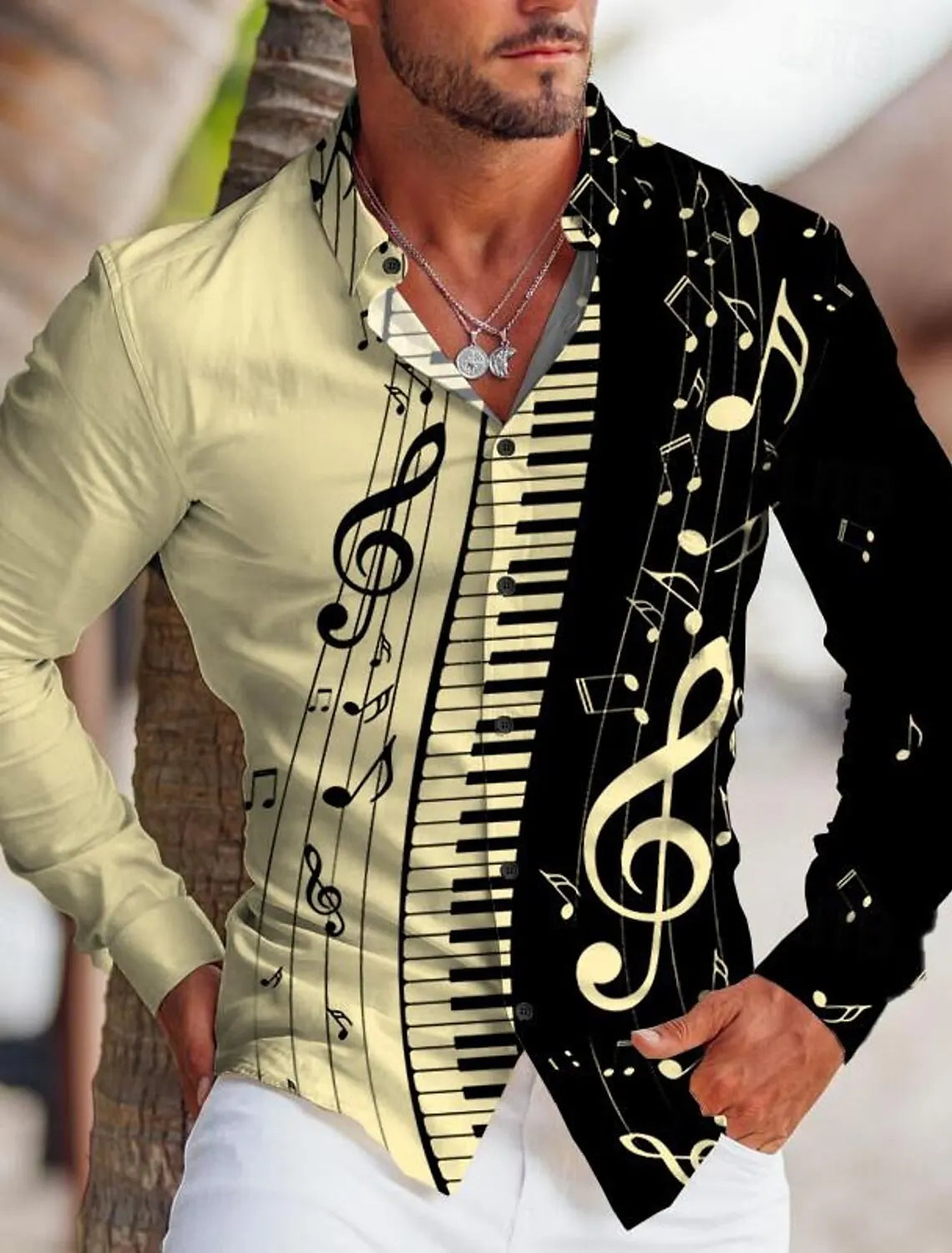 Men's Shirt Graphic Print Music Note Stand Collar