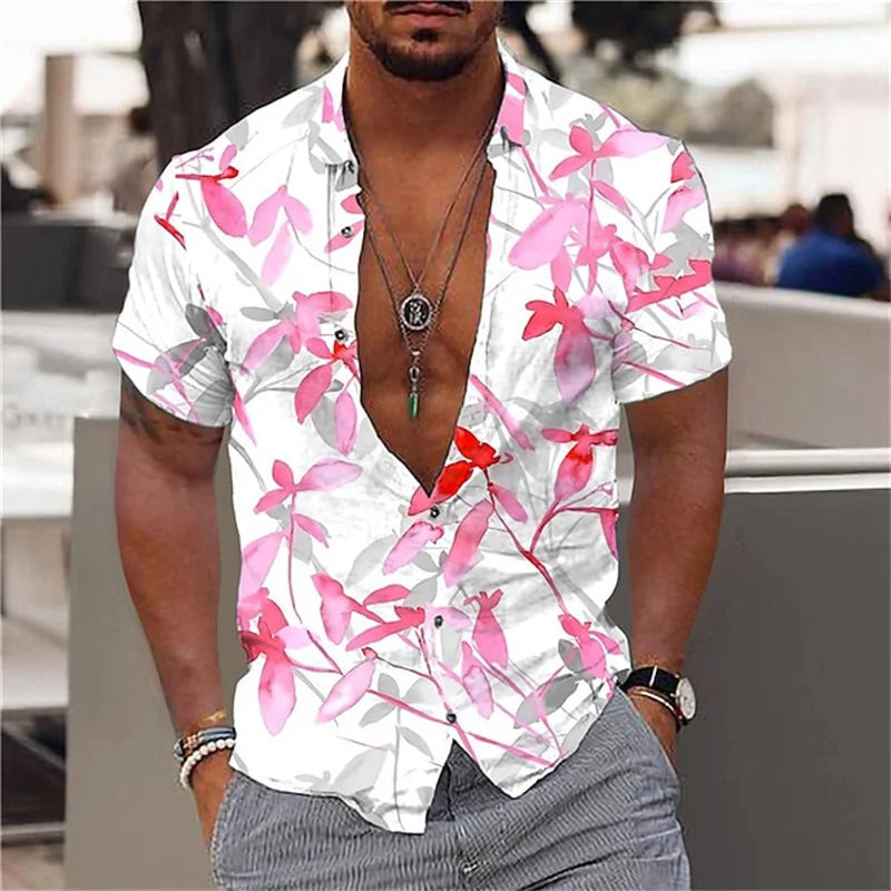 Men's black and gold flower shirts Summer plant print lapel shirt