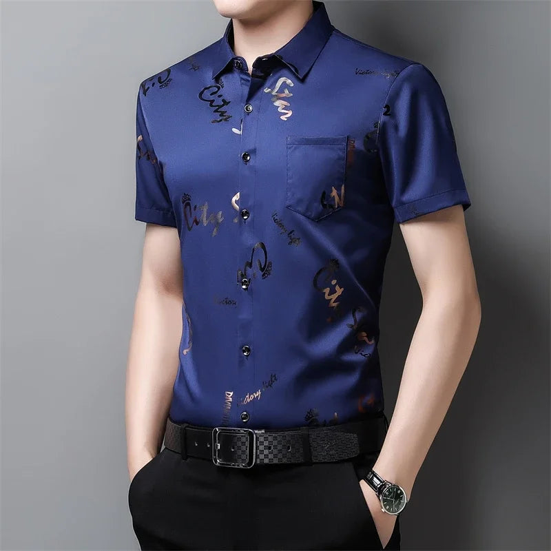 Men's Business Casual Short Sleeved Shirt No Iron and Wrinkle Resistant Top