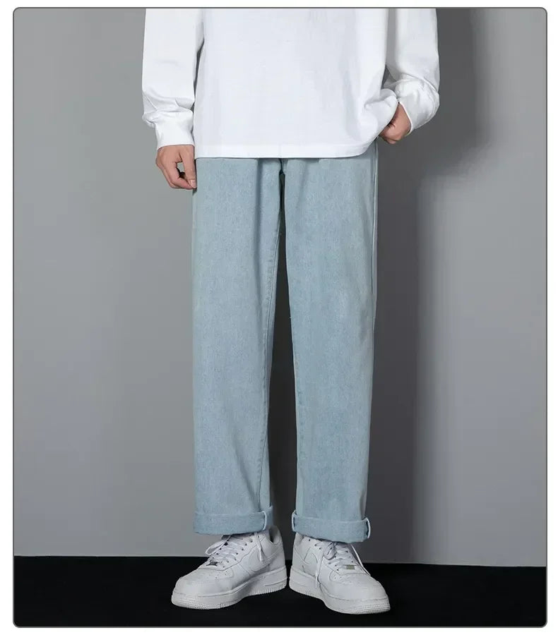 Male Comfort Korean Style Solid Color Loose Straight Wide Leg Casual Denim Long Pants