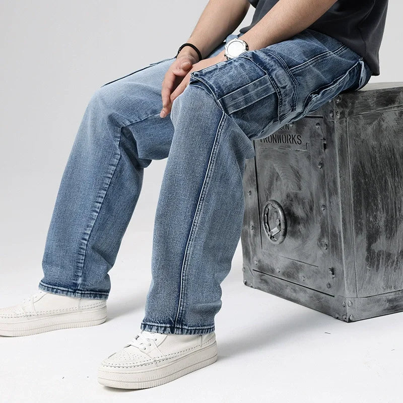 Men Denim Pants Straight Pocket Baggy Casual Streetwear Hip Hop Brand Blue Wide Leg Cargo Trousers