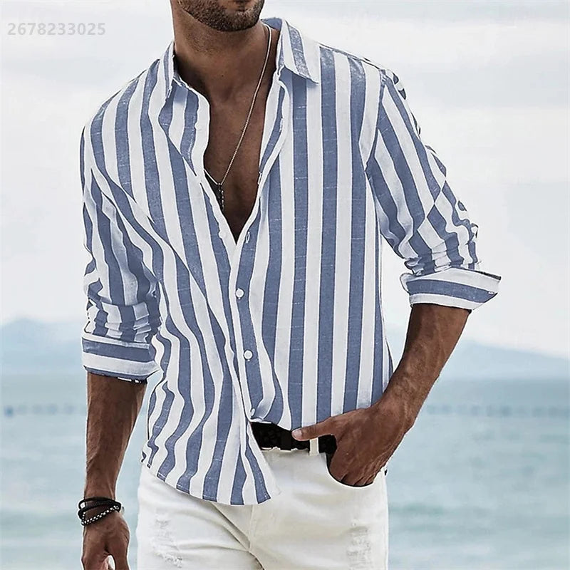 Men's long-sleeved blue striped 3D printed shirt