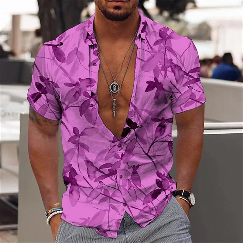 Men's black and gold flower shirts Summer plant print lapel shirt