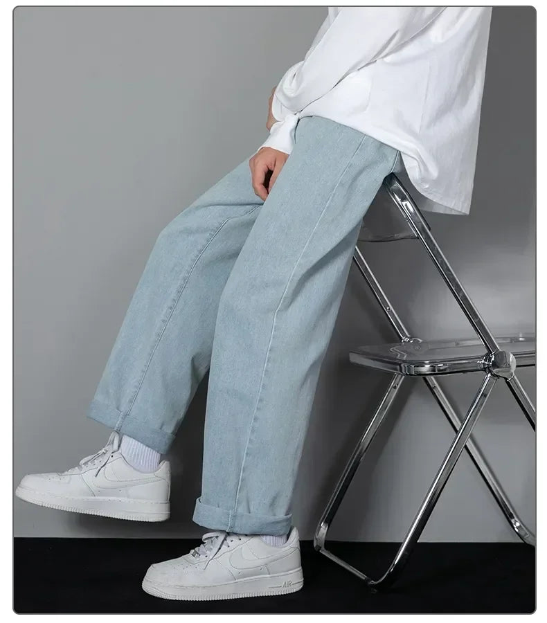 Male Comfort Korean Style Solid Color Loose Straight Wide Leg Casual Denim Long Pants