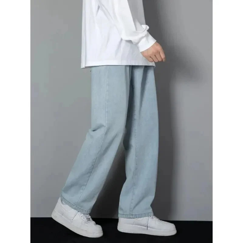Male Comfort Korean Style Solid Color Loose Straight Wide Leg Casual Denim Long Pants