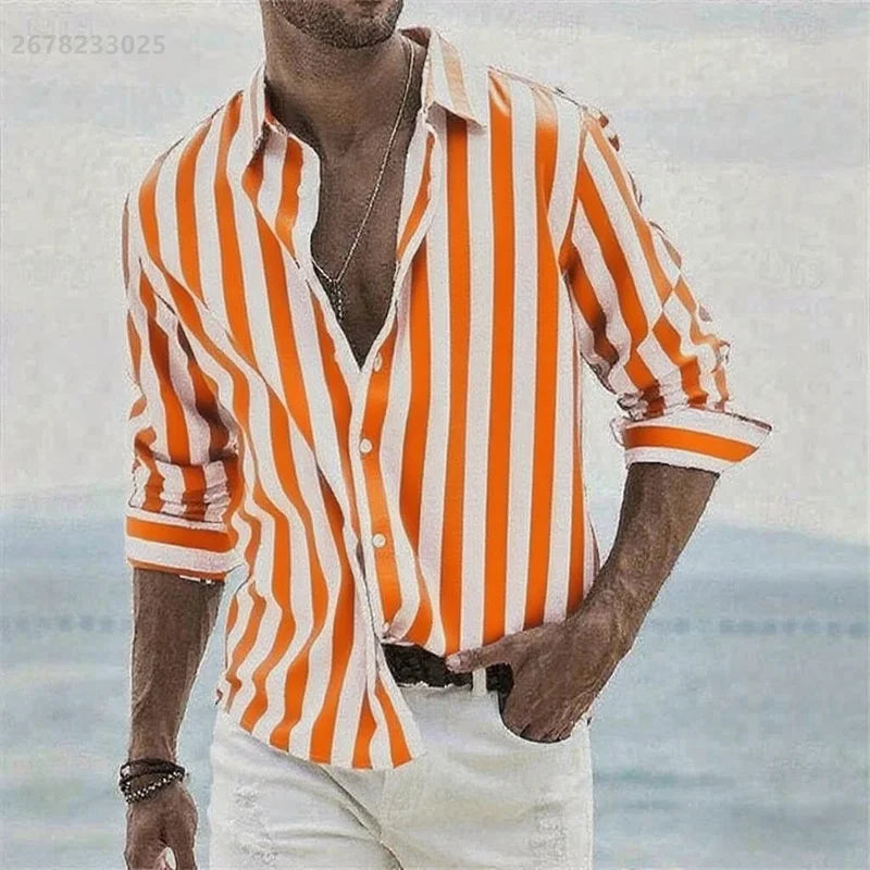 Men's long-sleeved blue striped 3D printed shirt