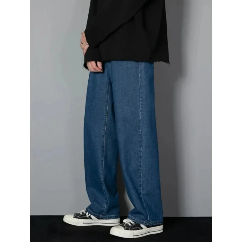 Male Comfort Korean Style Solid Color Loose Straight Wide Leg Casual Denim Long Pants