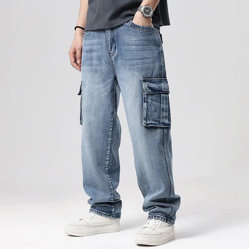 Men Denim Pants Straight Pocket Baggy Casual Streetwear Hip Hop Brand Blue Wide Leg Cargo Trousers