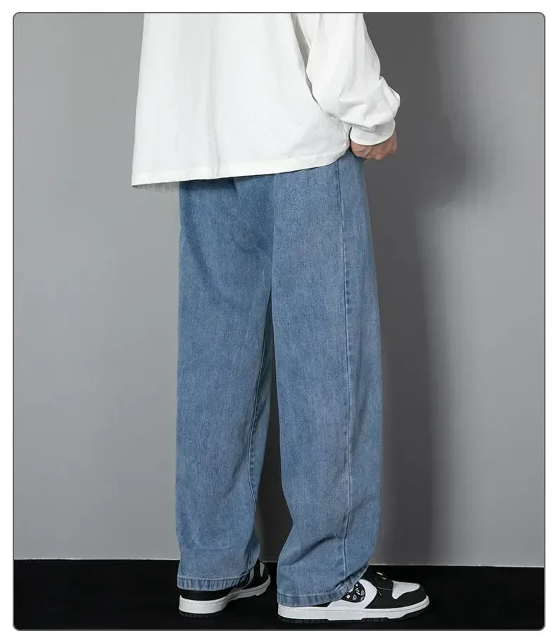 Male Comfort Korean Style Solid Color Loose Straight Wide Leg Casual Denim Long Pants