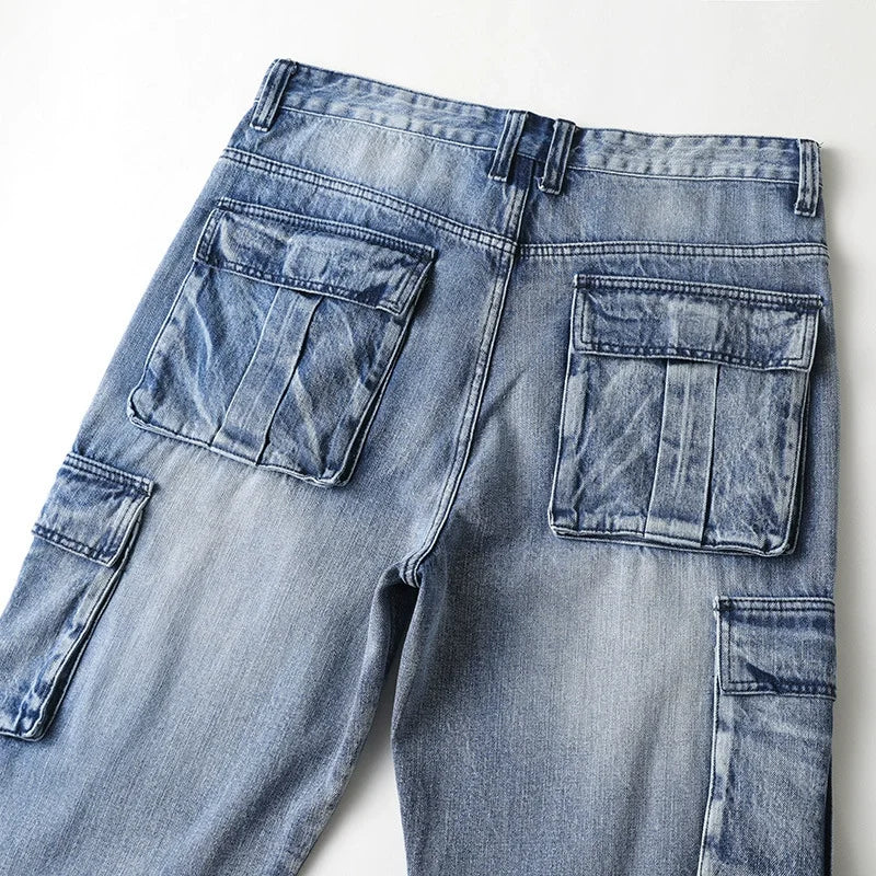 Men Denim Pants Straight Pocket Baggy Casual Streetwear Hip Hop Brand Blue Wide Leg Cargo Trousers