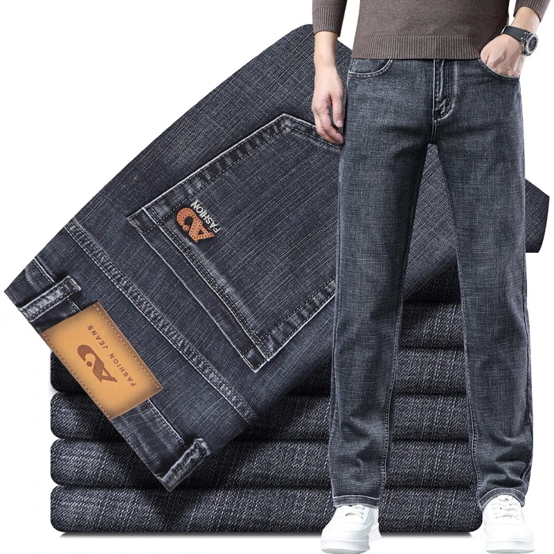 Men's Workwear Jeans Classic Stretch Fabrics Loose Straight-leg Trousers Casual All-match Denim Pants Male