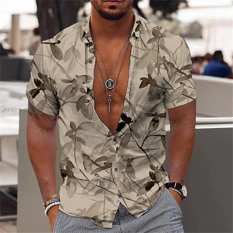 Men's black and gold flower shirts Summer plant print lapel shirt