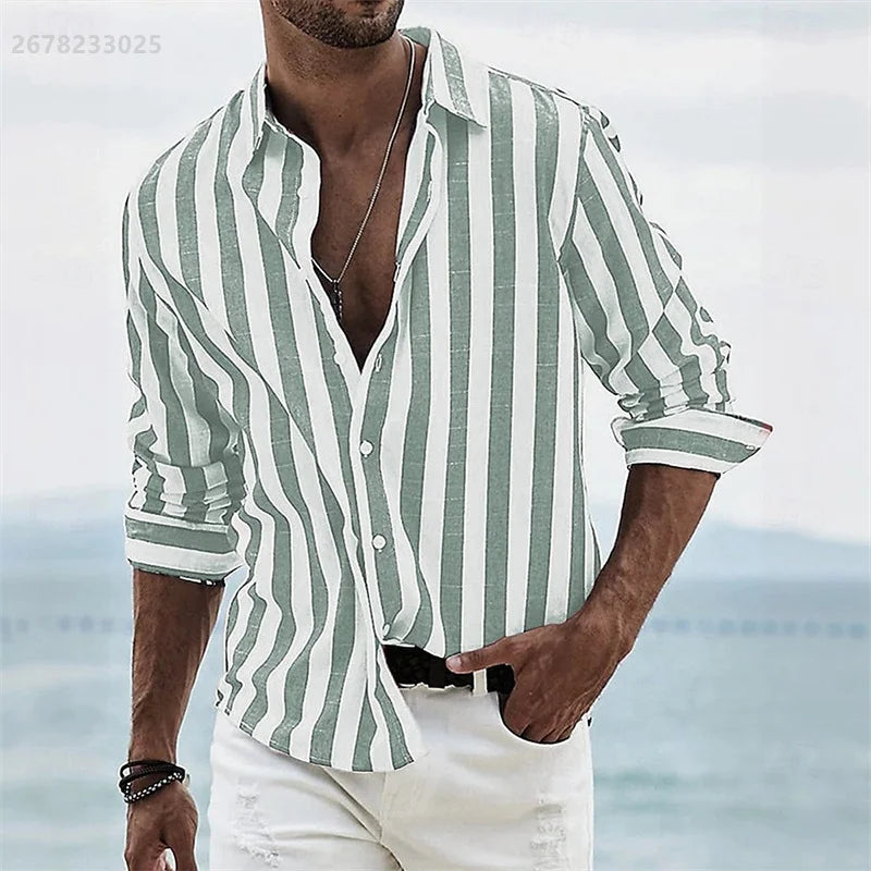Men's long-sleeved blue striped 3D printed shirt