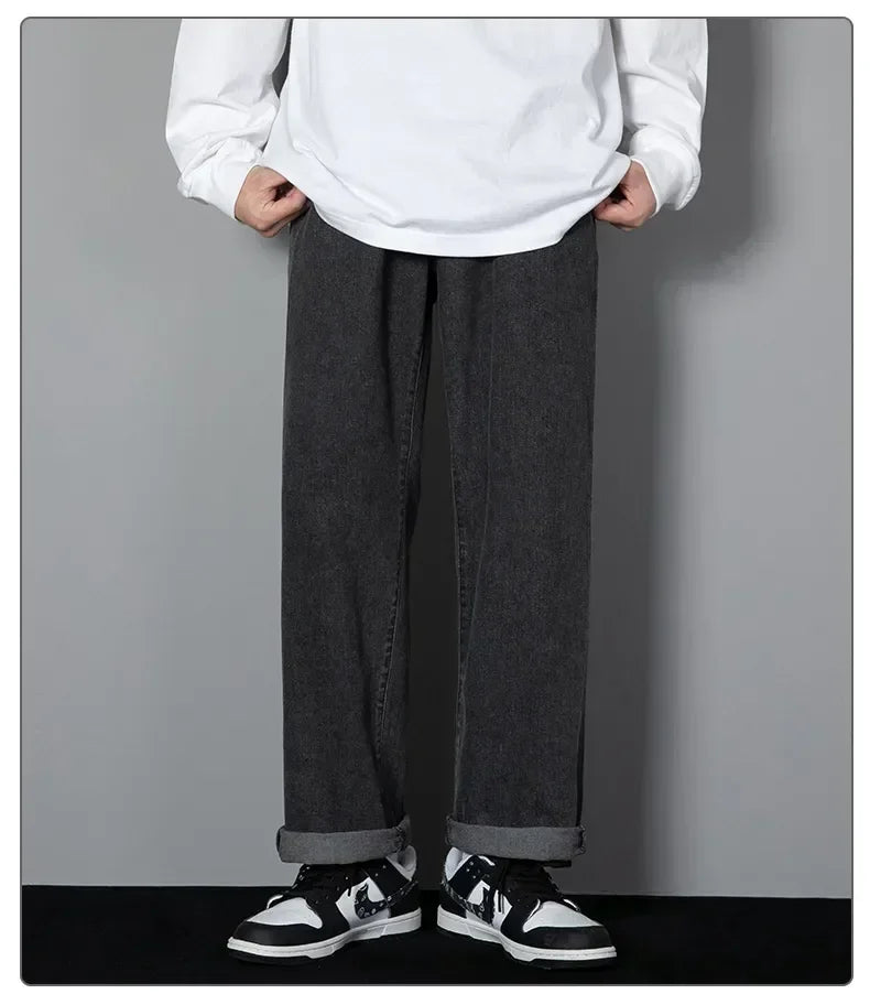 Male Comfort Korean Style Solid Color Loose Straight Wide Leg Casual Denim Long Pants