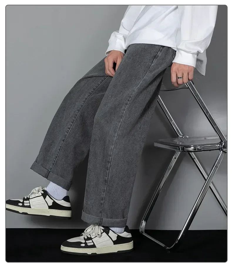Male Comfort Korean Style Solid Color Loose Straight Wide Leg Casual Denim Long Pants