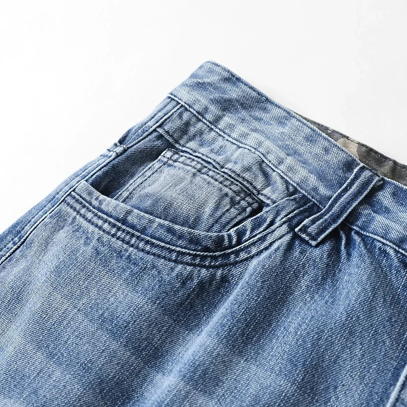 Men Denim Pants Straight Pocket Baggy Casual Streetwear Hip Hop Brand Blue Wide Leg Cargo Trousers