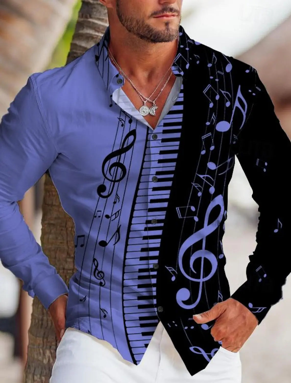 Men's Shirt Graphic Print Music Note Stand Collar