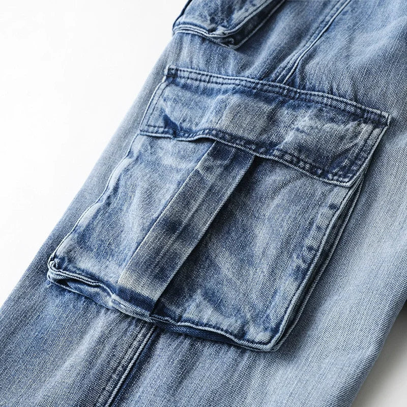 Men Denim Pants Straight Pocket Baggy Casual Streetwear Hip Hop Brand Blue Wide Leg Cargo Trousers