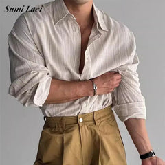 Vintage Mens Striped Printed Shirt Long Sleeve