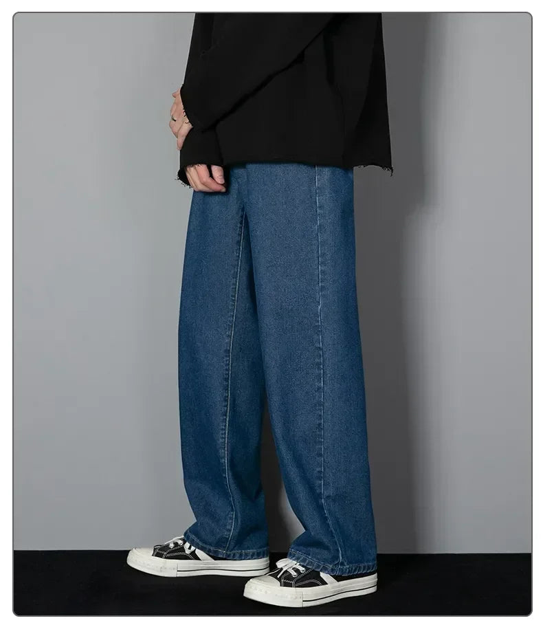 Male Comfort Korean Style Solid Color Loose Straight Wide Leg Casual Denim Long Pants
