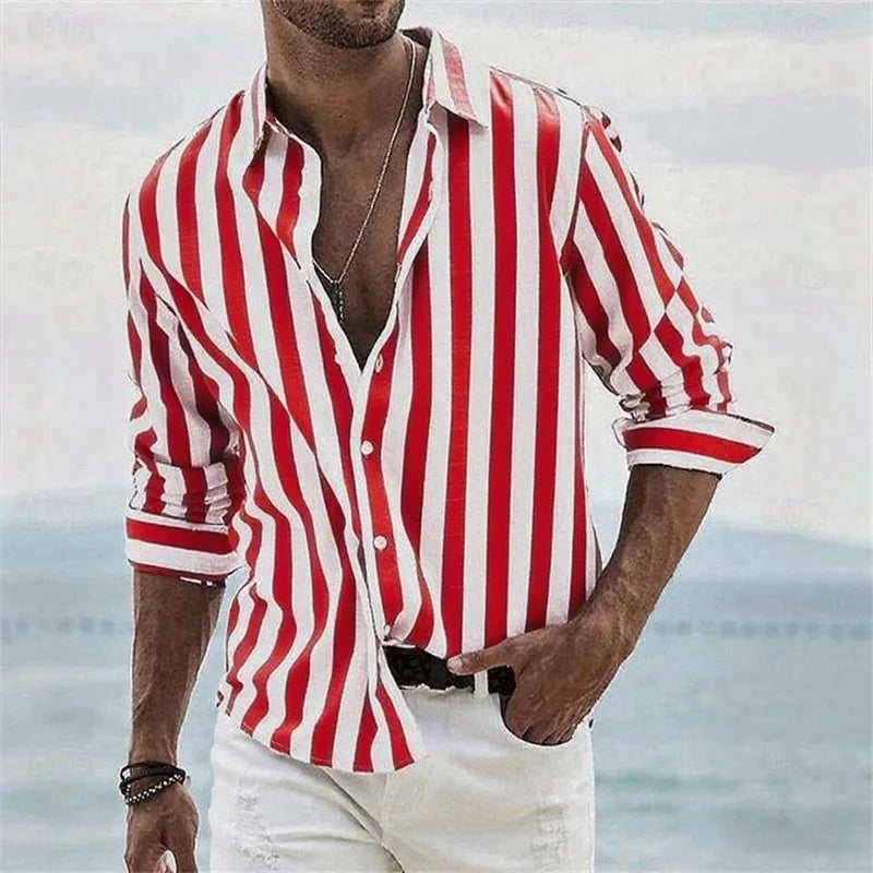 Men's long-sleeved blue striped 3D printed shirt