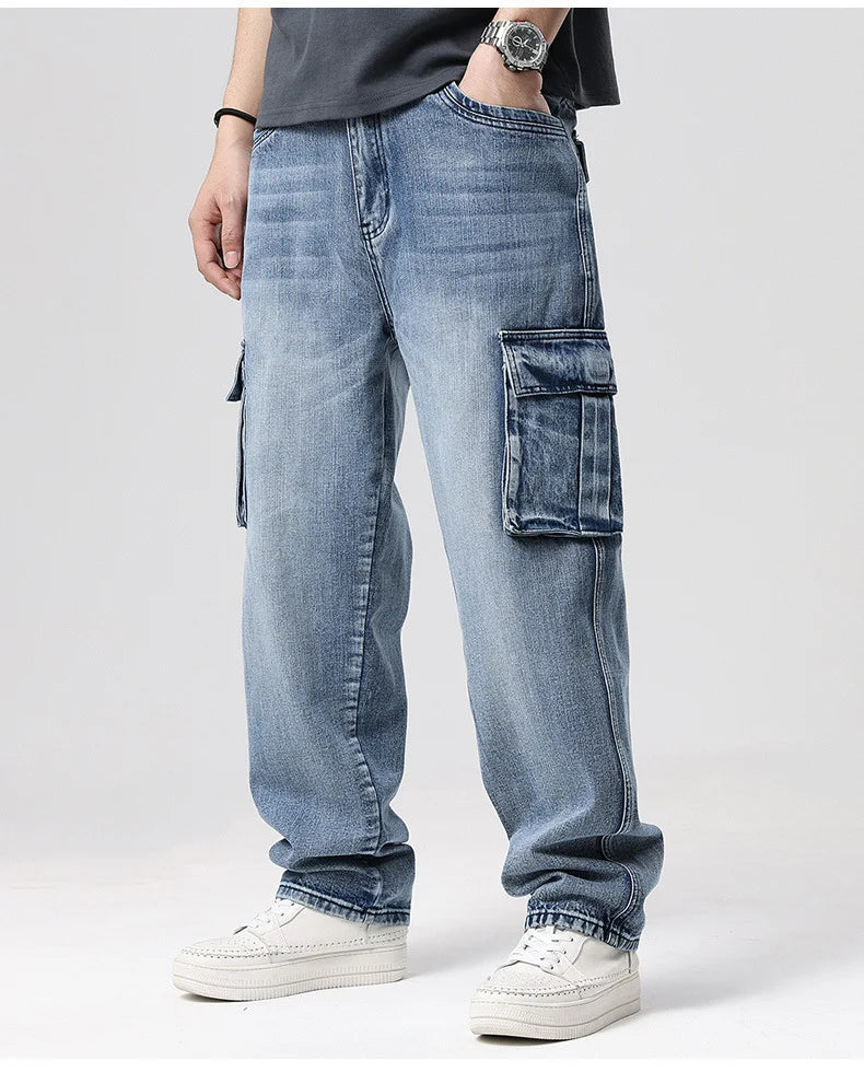 Men Denim Pants Straight Pocket Baggy Casual Streetwear Hip Hop Brand Blue Wide Leg Cargo Trousers