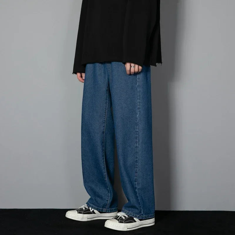 Male Comfort Korean Style Solid Color Loose Straight Wide Leg Casual Denim Long Pants