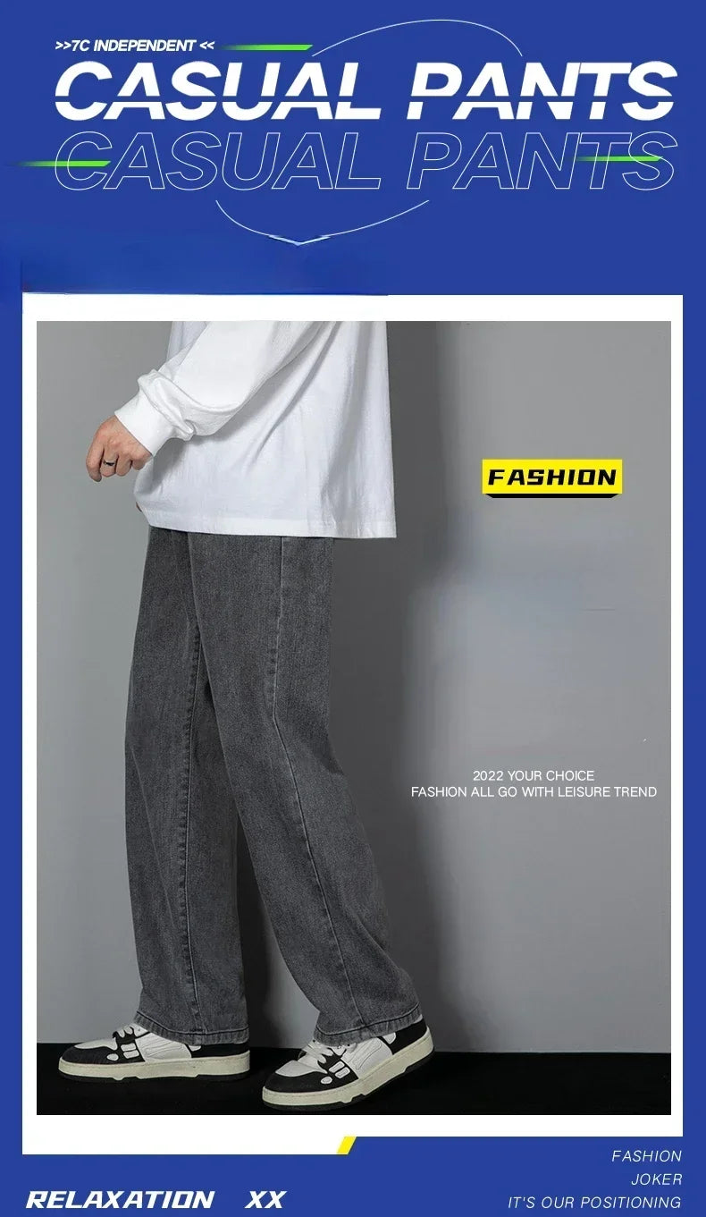 Male Comfort Korean Style Solid Color Loose Straight Wide Leg Casual Denim Long Pants