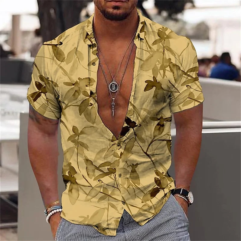 Men's black and gold flower shirts Summer plant print lapel shirt