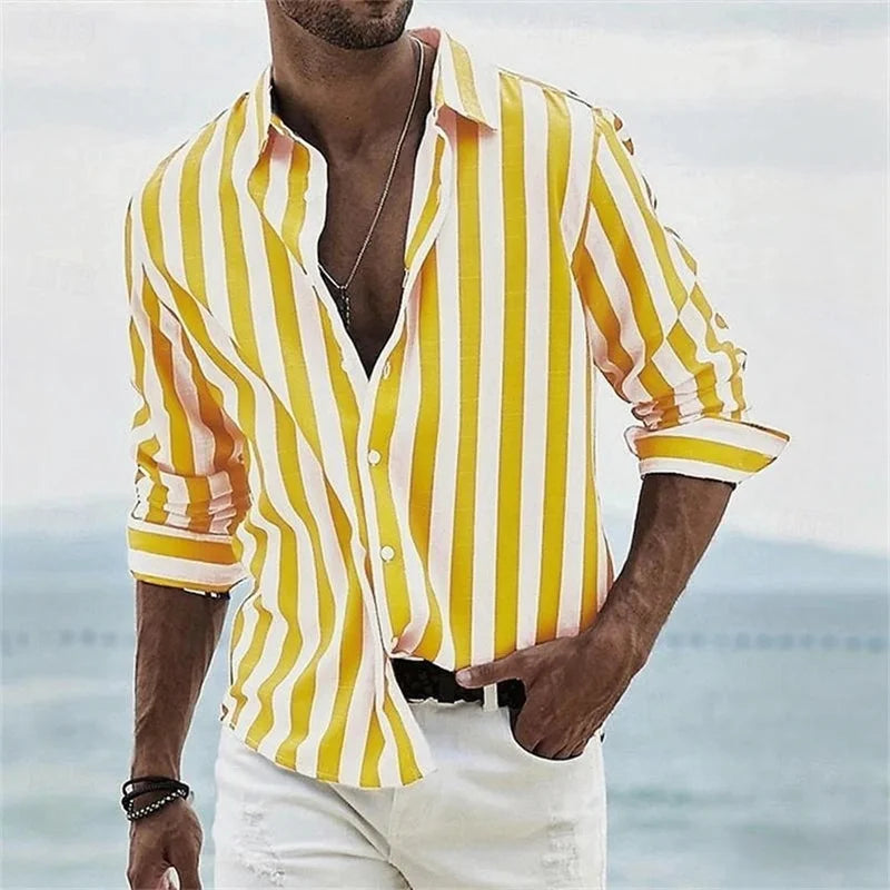 Men's long-sleeved blue striped 3D printed shirt