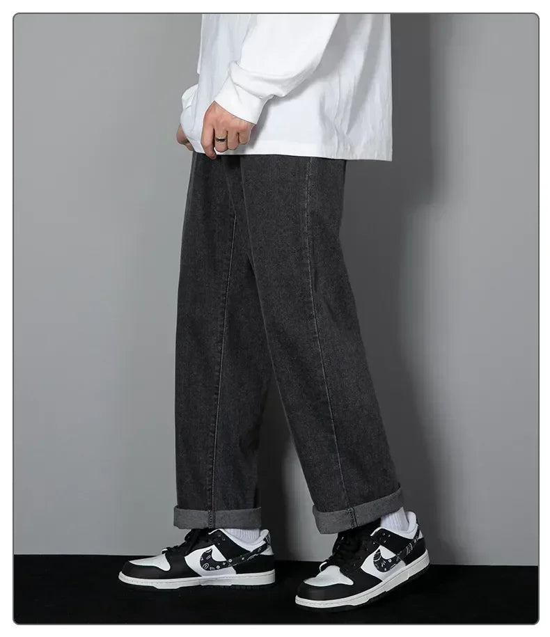 Male Comfort Korean Style Solid Color Loose Straight Wide Leg Casual Denim Long Pants