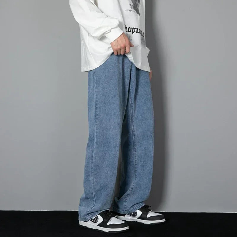 Male Comfort Korean Style Solid Color Loose Straight Wide Leg Casual Denim Long Pants