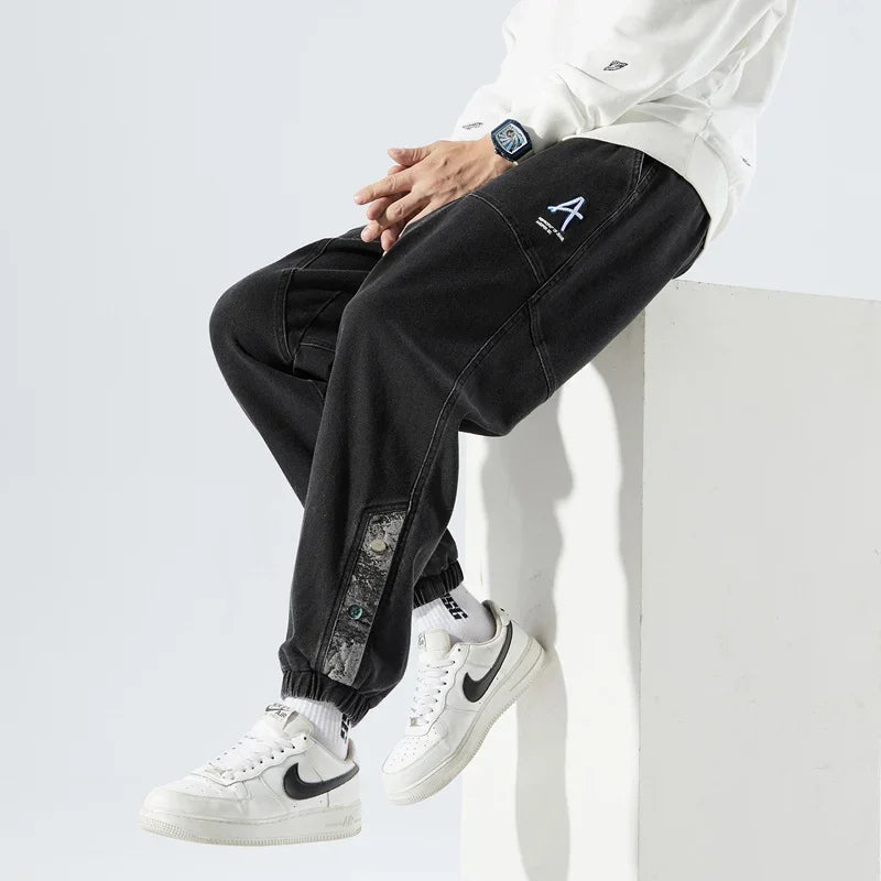 Korean Popular Clothes Jeans Casual Men Loose Fit Stretch Spandex Denim Jogger Pant