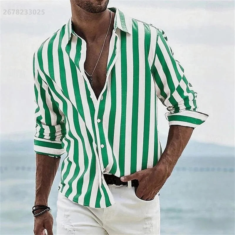 Men's long-sleeved blue striped 3D printed shirt